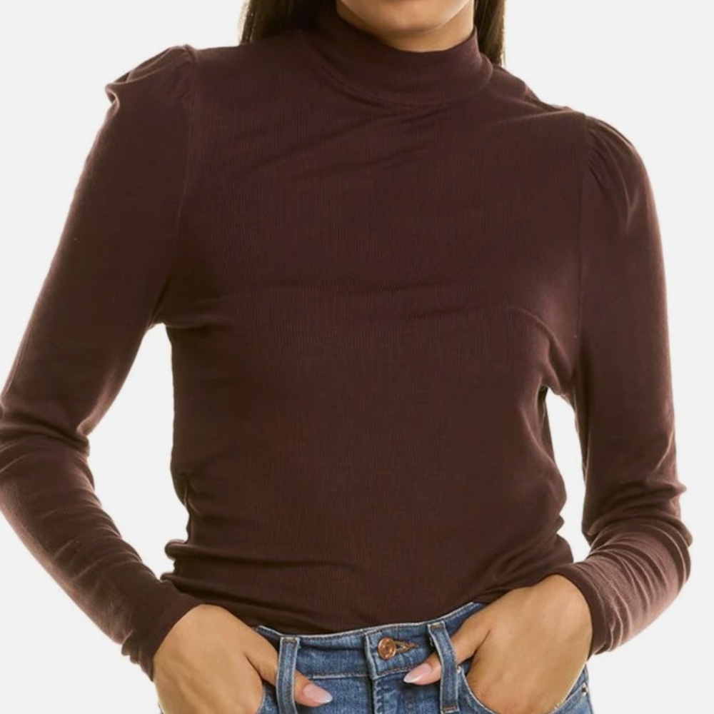Puff sleeve, ribbed, mock cropped long sleeve top
